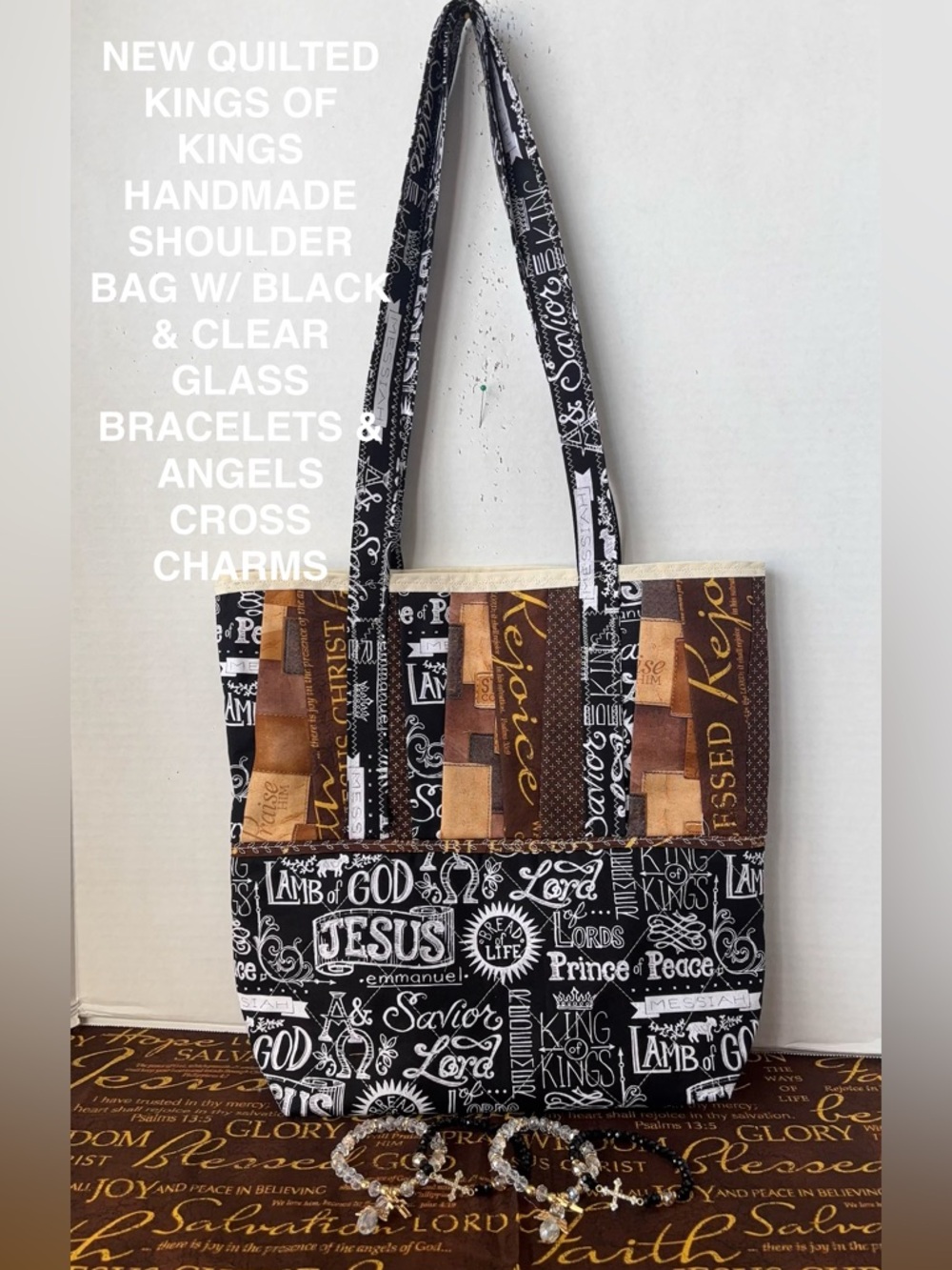 New Quilted King of Kings Shoulder Bag W/Black & Clear Bracelets & Charms